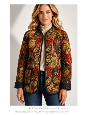Reversible Quilted Floral Jacket Indigo Block Print Boho Coat M/L